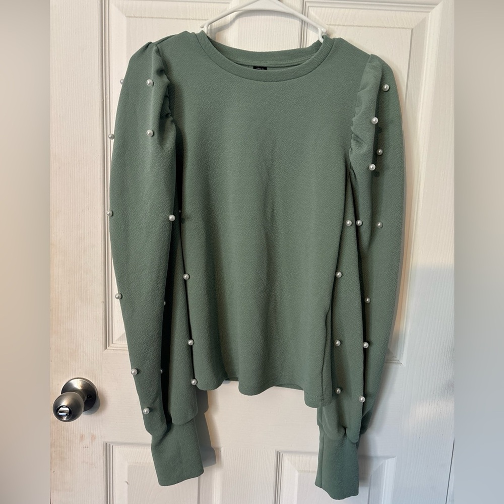 Shein  M Women’s Green Balloon Long Sleeve Top‎ Shirt Dots On Sleeves